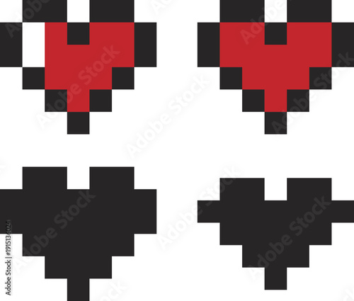 A set of four pixelated heart icons showing full and empty states in red and black colors