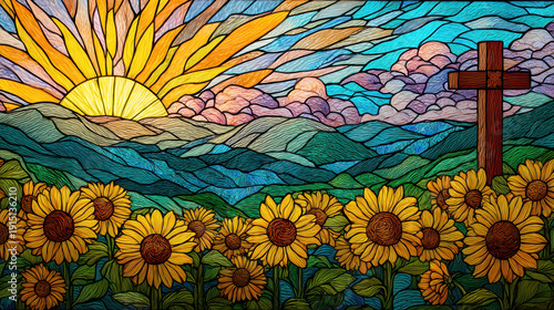 Stained Glass Cross and Sunflowers Landscape – AI Generative