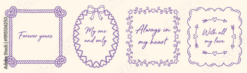 Purple romantic frames set featuring hand drawn heart borders, bows and love quotes in a line art style. Artistic vector design collection for wedding cards and Valentine stationery.