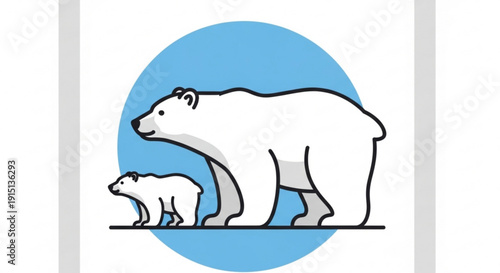 Mother polar bear and cub walking side by side in profile view on blue circular background