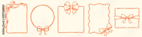 Elegant hand drawn ribbon frames set. decorative bows and borders in a peach line art doodle style. This vector illustration collection is ideal for wedding invitations and labels.