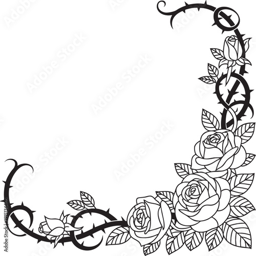Rose flower frame, thorny vine border, floral design, elegant decoration, romantic element