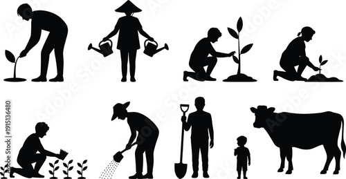 Farmers silhouette collection, agriculture planting watering harvesting poses, rural family farming life, crops livestock, full body outline vector set