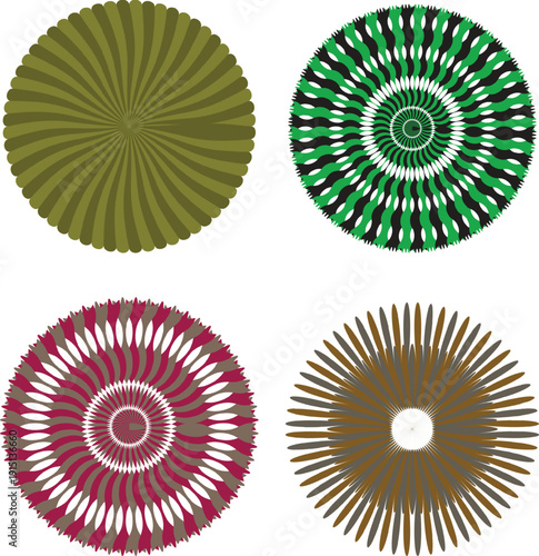 Four unique geometric circular patterns in green, maroon, brown, and olive shades on a white surface