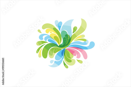 Colorful abstract swirling shapes forming a circular pattern on a white background