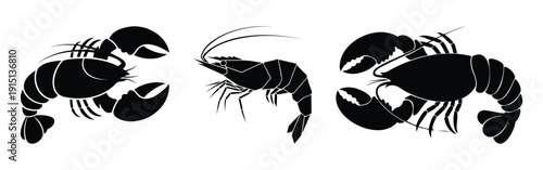 Vector silhouette illustration of two black lobsters and one shrimp, isolated on a transparent background, perfect for seafood restaurant branding or menu design.