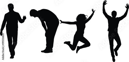 Human emotion silhouette collection, male female jumping tired happy poses, full body action figures, lifestyle gesture outline vector illustration set