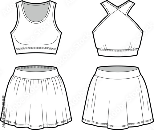 Crop tops and flared skirts vector fashion template with round and crisscross necklines, gathered and fitted waists, CAD drawing flat vector illustration