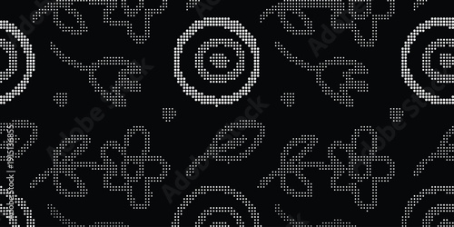 Pixel Floral Pattern. Retro Art Texture. Seamless grey vector pattern of flowers, spirals and daisies for vintage gaming background, 8-bit style fabric and wallpaper texture.