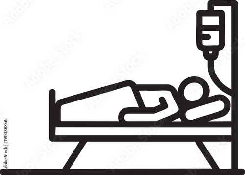 Patient lying in hospital bed with IV drip, healthcare symbol for medical care and treatment