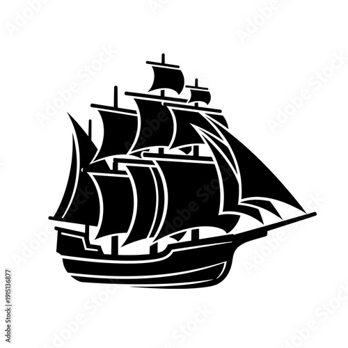Black Silhouette of a Tall Ship with Full Sails