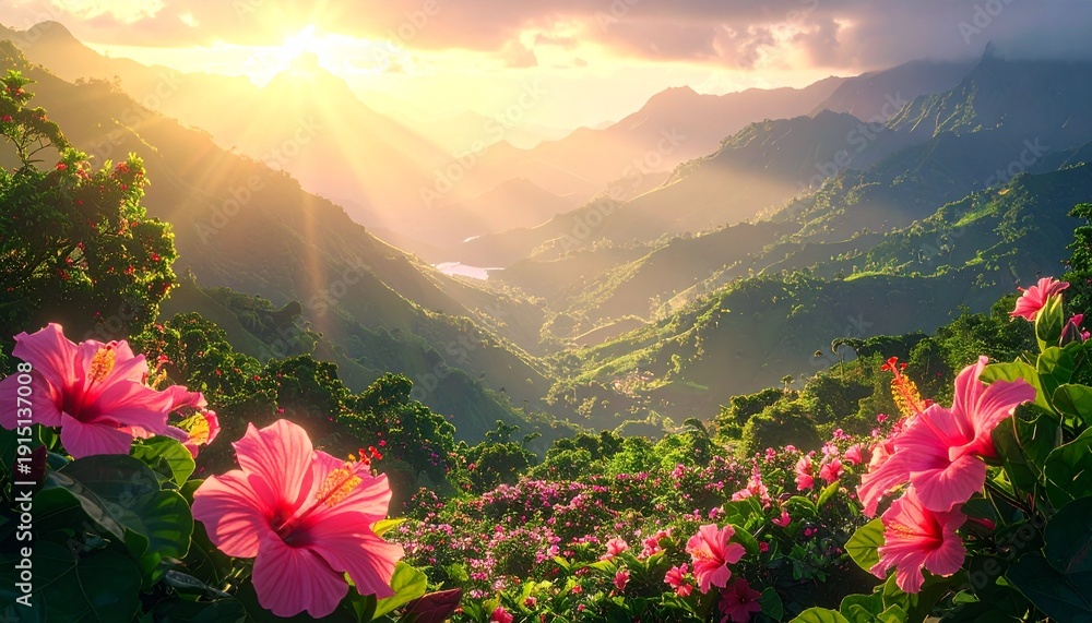 Fototapeta premium Golden sunrise illuminates a majestic tropical mountain valley, with lush green peaks and radiant pink hibiscus flowers framing a breathtaking natural paradise vista