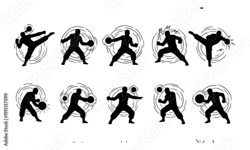 Martial Arts Fighter Silhouettes Pattern with Energy Ki Attack Icons
