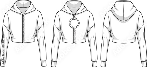 Cropped hoodie fashion template with circular zipper pull, seam sleeve detail, multi-view layout, CAD drawing flat vector illustration