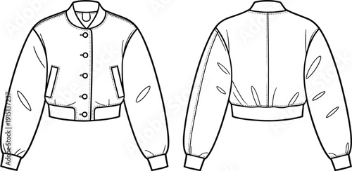 Cropped bomber jacket CAD drawing, flat vector illustration, front and back view, fashion technical sketch, casual outerwear design, garment CAD template, trendy jacket outline, clothing vector art