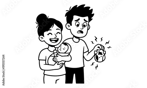 Father Holding Dirty Diaper and Scared by Smell While Mother Holds Newborn Baby