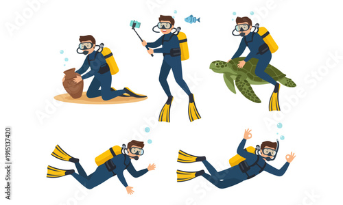 Man Scuba Diver Poses Collection: Selfie, Artifact, Turtle, Swimming