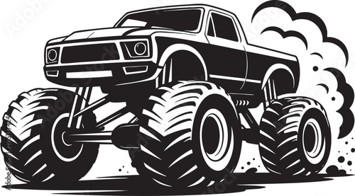 Monster truck powerful vehicle with huge tires and smoke clouds vector illustration