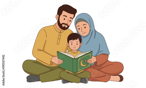 Muslim Parents Reading Quran Book with Son, Family Education Illustration