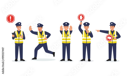 Traffic Police Officer Vector Set: Stop, Run, Pointing, and Warning Poses