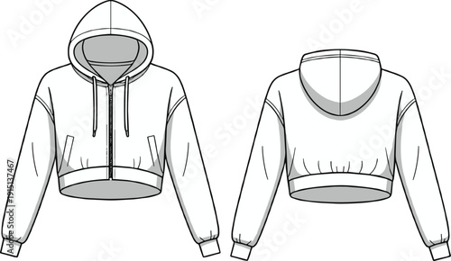 Cropped hoodie fashion template with drawstring hood, front zipper, long sleeves, cuffs and waistband, technical CAD sketch, vector design