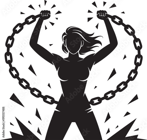Woman breaking chain silhouette symbol of freedom and strength vector illustration