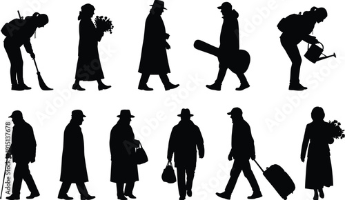 People silhouette lifestyle collection, walking traveling gardening carrying flowers poses, everyday human activities, urban life characters, full body vector set