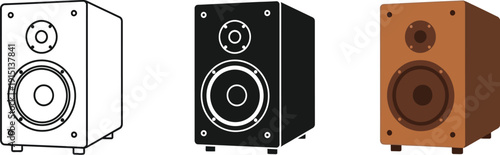 Three speakers in different colors and styles side by side on a white background
