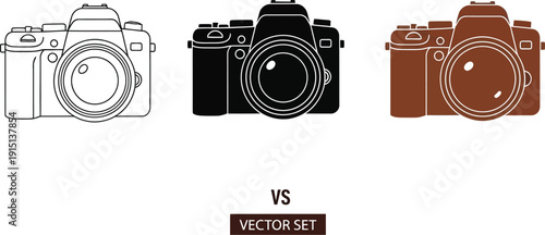 Collection of three distinct vector camera illustrations with different color variations displayed together