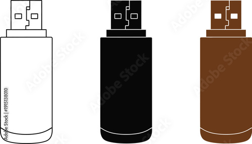 Three usb flash drives illustrated in different colors and outline styles for design versatility