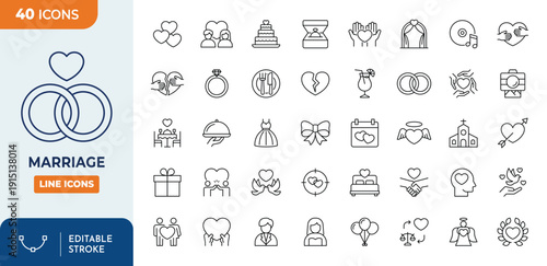Marriage icon set. Contain icons related to marriage, love, couples, wedding cakes, hearts, romantic symbols, and more.  Editable stroke. Vector illustration