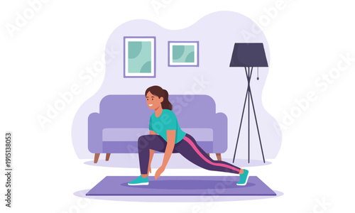 Woman doing lunge exercise on yoga mat in living room