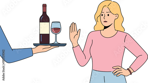 Woman refusing alcohol drink vector illustration with hand gesture saying no to wine and healthy lifestyle concept