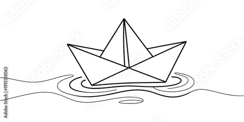 paper boat in sea continuous one line drawing origami ship vector.