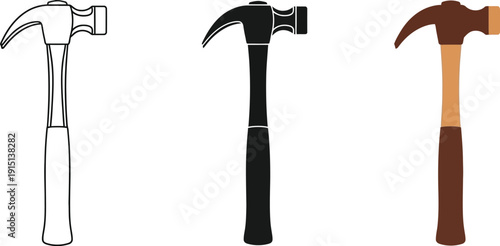 Set of three hammer icons in different styles on a white background