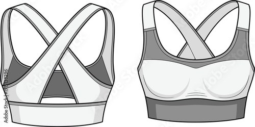 Crossback sports bra, flat vector CAD drawing, activewear design, women’s fitness top, technical apparel sketch, fashion template