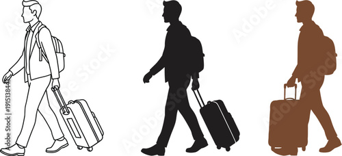 Man with backpack and rolling luggage bag walking in different styles and colors on white