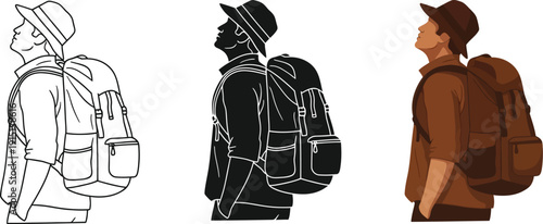 Hiker with backpack shown in three artistic styles on a white background visual