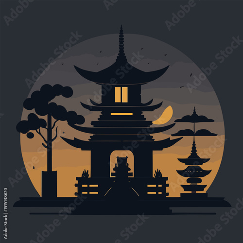Create a Temple, Tibet, Mountains vector graphic illustration in a isolated background