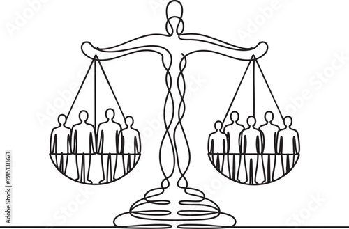 Scales of justice with groups of people, symbolizing fairness and equality
