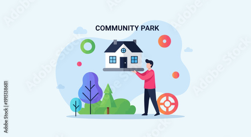 A friendly person is holding a miniature house above their head, symbolizing community and home ownership within a serene park setting