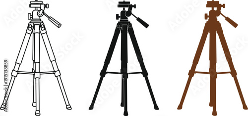 Professional camera tripod illustrated in three distinct styles and color variations available