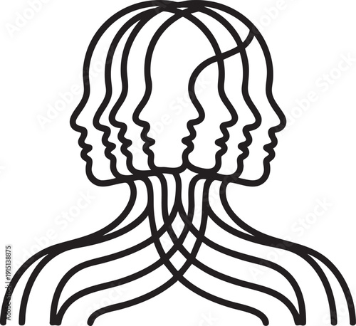 Multiple overlapping heads in profile, interconnected minds and shared consciousness