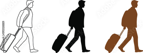 Man in casual attire walks with suitcase in three different visual styles.