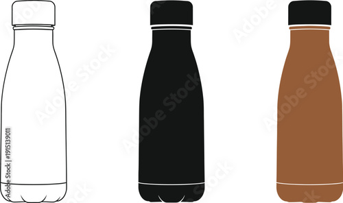 Three reusable water bottles with different color schemes on a white background displayed