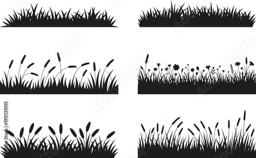 Grass Bed Silhouette Collection with Meadow Ground and Plant Base Vector