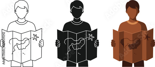 Person holding a map with a marked destination point in various design styles