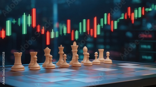 Wallpaper Mural Chess Pieces on Chessboard with Trading Charts Displaying Market Activity in Background Torontodigital.ca