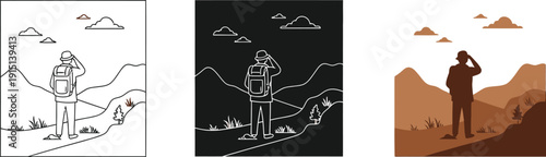Hiker with backpack stands on mountain cliff viewing landscape in minimalist illustrations