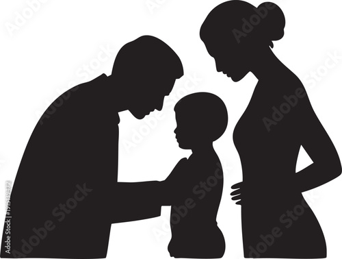 Family praying together in silhouette, parents and child bowed heads in devotion